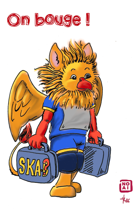 On-bouge-small un griffon en tenue de kin-ball s’avance avec deux valises. Celle de droite est marquée SKA-B. Le B est en partie recouvert par un point d’interrogation rouge.
